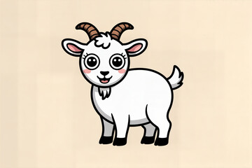 Fototapeta premium Cute cartoon baby goat with small horns, big eyes and a happy smile, friendly farm animal illustration for kids