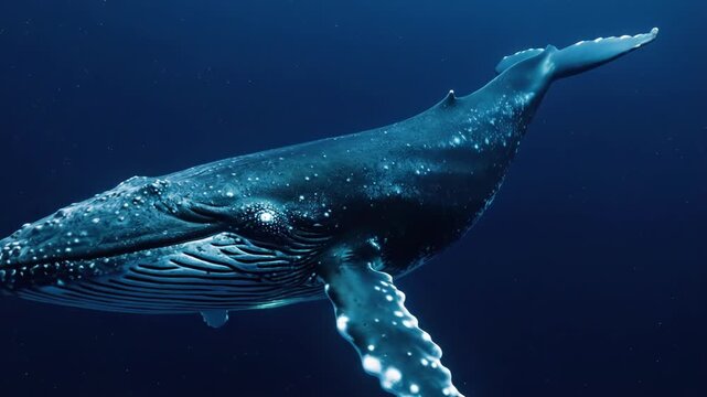 A humpback whale swimming underwater with its head and pectoral fin visible