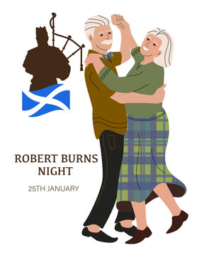 Robert Burns Night 25th January Scottish heritage festival. An elderly couple dances a Scottish dance to Scottish music.&nbsp;&nbsp;Vector illustration.