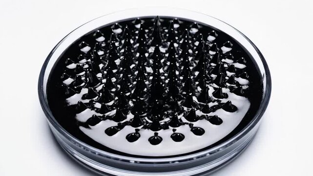 black ferrofluid spikes in petri dish, studio-lit close-up revealing symmetrical needle peaks driven by magnet, glossy reflections on viscous surface, high-contrast minimalist aesthetic, laboratory