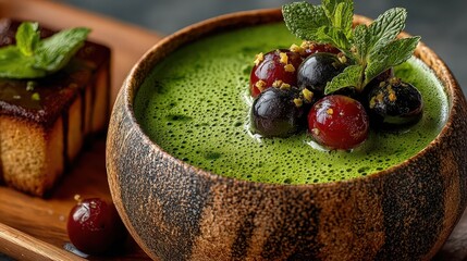 Freshly made green smoothie served in a wooden bowl with fresh berries and mint leaves on a wooden tray in a bright setting