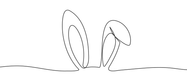 Rabbit or bunny ears peeking up from the bottom, symbolizing Easter, spring, and nature. Drawing in one line art style with editable black stroke. Vector illustration. © Viktoriia