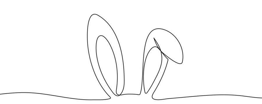 Rabbit or bunny ears peeking up from the bottom, symbolizing Easter, spring, and nature. Drawing in one line art style with editable black stroke. Vector illustration.
