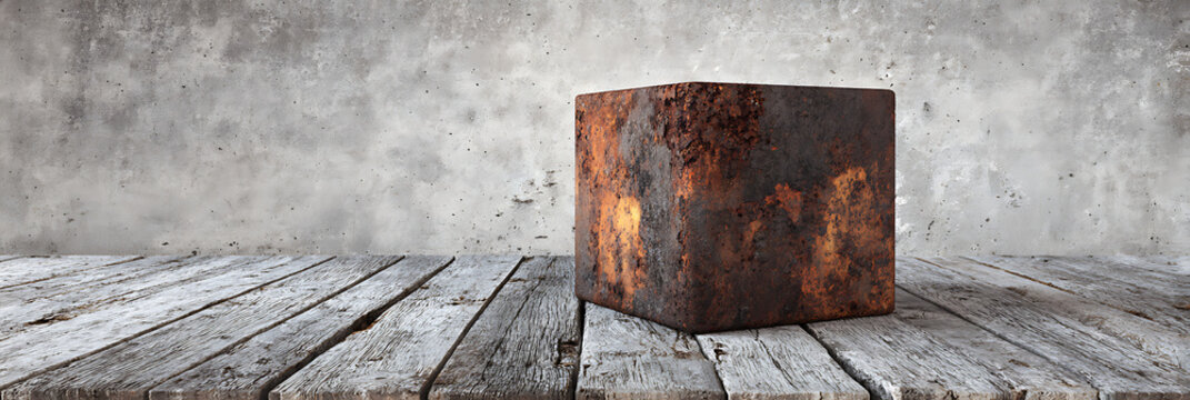 A monolithic rusted metal cube stands on weathered timber planks against a raw concrete wall, captured in a wide panoramic format with soft natural light.