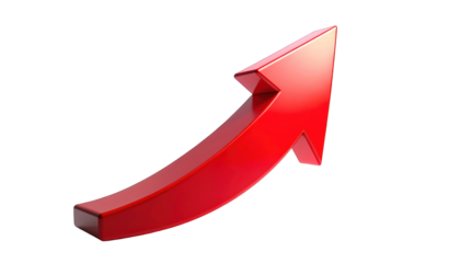 Red arrow pointing upwards, symbolizing growth and progress, viewed from a slight angle, 3D rendering, J concept