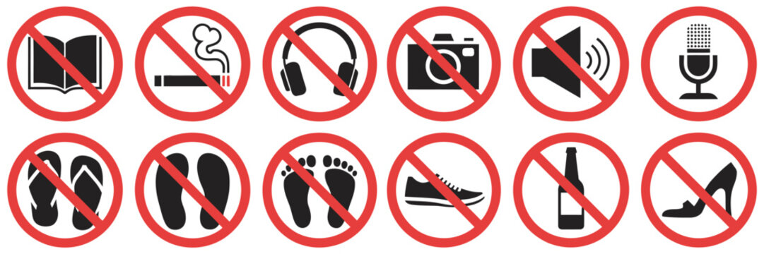 Prohibition icon collection set, flat red circle symbols, no camera, phone, food, pets, smoking, fire, noise, public safety graphics illustration