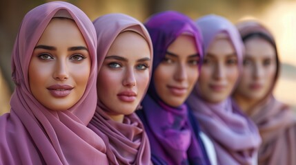 Group of diverse Muslim women of different ethnicities wearing various shades of purple hijabs, standing together in solidarity, urban park background