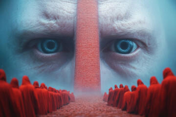 Eyes of a figure watch over a row of people wearing red cloaks at a large stone structure in a misty landscape