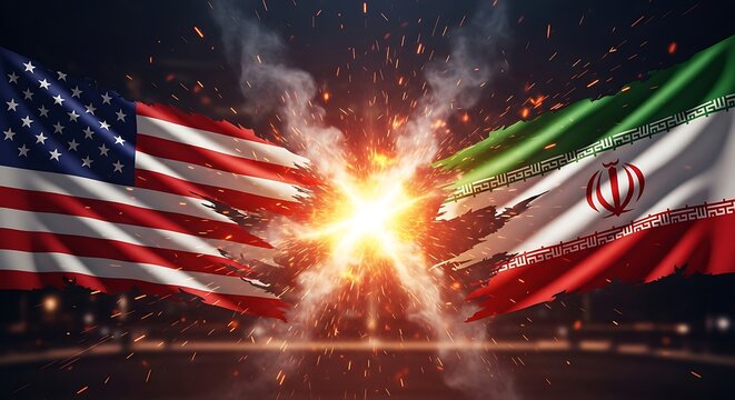 Usa and iran flag collision with explosion in between