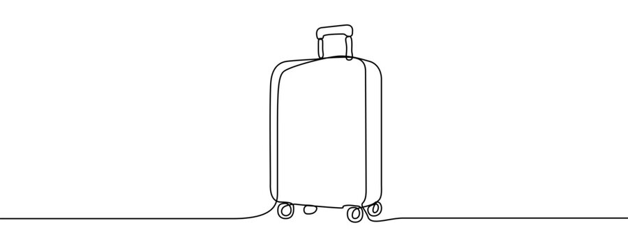 Travel suitcase in one line art style. Drawing of a luggage bag with editable black stroke on white background. Vector illustration.