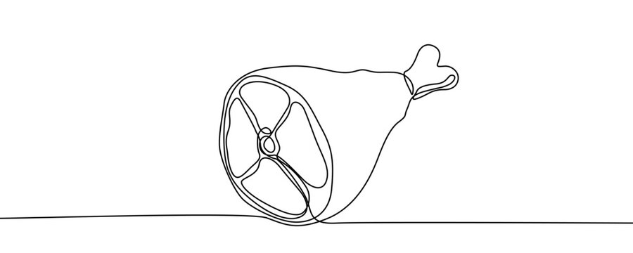 Ham leg in one line art style. Drawing of meat on bone with editable black stroke on white background. Vector illustration.