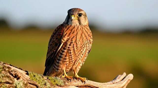 A beautiful kestrel perches on a mossy branch, bathed in warm golden light. A majestic bird of prey in its natural habitat.