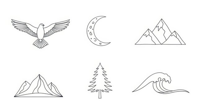 Nature Icons: Eagle, Moon, Mountains, Tree, Wave - Line Art Collection
