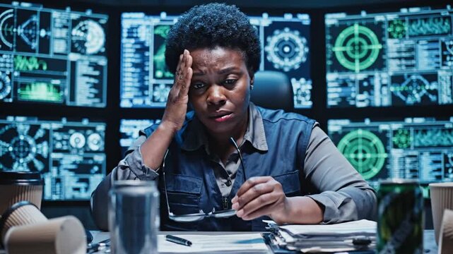 Intense Focus of a Cyber Security Expert Analyzing Data on Screens in a Dark Command Center