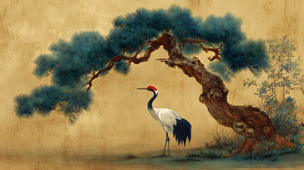 Fototapeta premium Red-crowned Crane Under Ancient Pine Tree