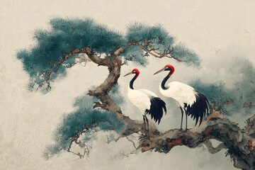 Obraz premium Elegant Red-Crowned Cranes on Pine Branch