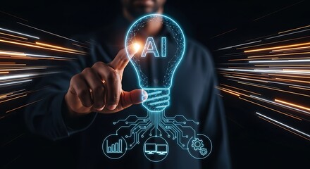 Man interacting with ai light bulb graphic