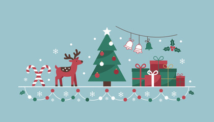 Cute Christmas scene illustration with reindeer gifts tree and candy canes for holiday greetings © Business Solution