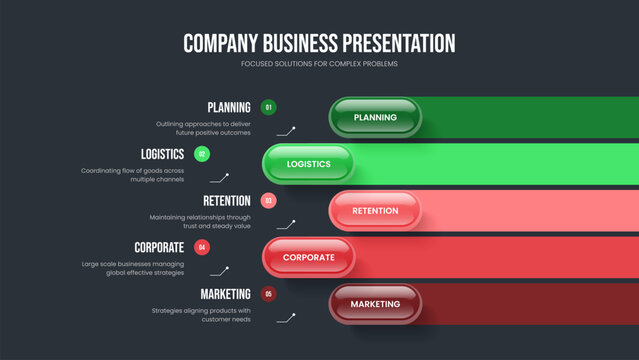 Service Growth Five Option Infographic Slide Template. Visual Visualization Presentation Layout Vector Illustration. Modern Overview 5 Element Diagram Slideshow Design.