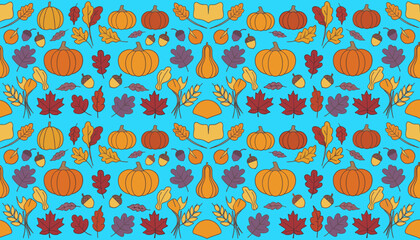 Seamless autumn pattern featuring cartoon pumpkins colorful fall leaves and harvest elements on blue
