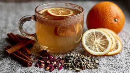 A soothing winter tea infused with warm cinnamon and bright orange notes, creating a cozy, aromatic drink perfect for cold days
