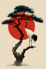 Fototapeta premium Japanese Crane and Bonsai Pine Under a Red Sun