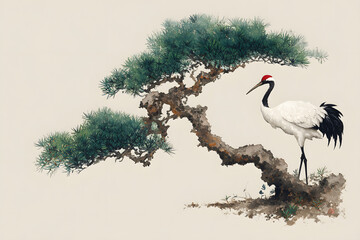 Fototapeta premium Elegant Red-Crowned Cranes on Pine Branch
