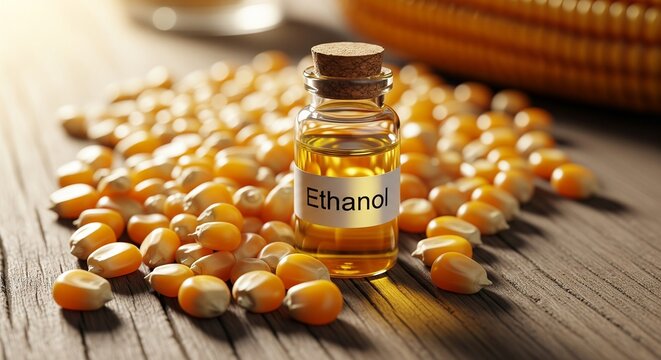 Ethanol biofuel in glass vial with corn kernels on wood surface macro