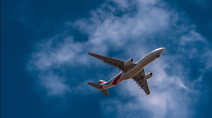 Obraz premium wingtip. A commercial airliner soaring through a cloudy blue sky, showcasing the beauty of modern aviation. mobility guides, transit brochures, designed for transport & logistics marketing.