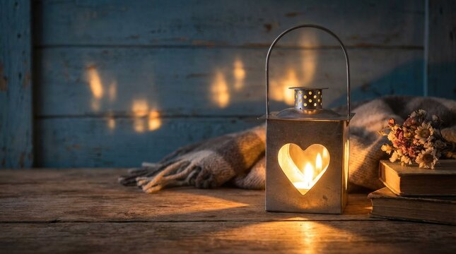 Cozy Lantern with Heart Cutout and Candlelight on Wooden Surface fire