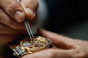 Watchmaker Repairing Mechanical Watch with Tweezers