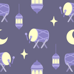Fototapeta premium Ramadan Night Seamless Pattern with Traditional Drum Lantern Moon and Stars 