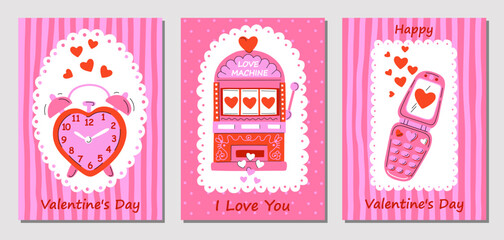 Set of playful Valentine&rsquo;s Day cards with cute romantic vintage illustrations, heart-shaped alarm clock, slot machine, mobile phone. Red and pink colors. Cheerful designs perfect for love greetings