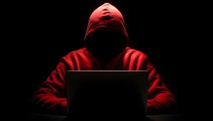 Anonymous hooded hacker using laptop in dark cyber security concept scene