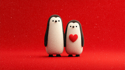 Two penguins standing together on an isolated red background - ai generative