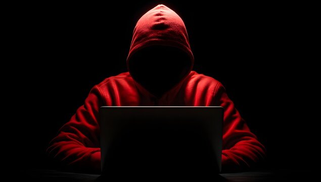 Anonymous hooded hacker using laptop in dark cyber security concept scene - Powered by Adobe