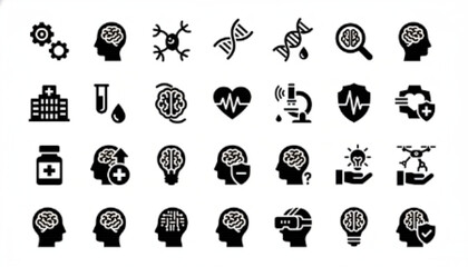 Black and White Icons for Science, Medicine, and Brain Technology
