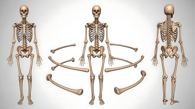 Anatomy of the Human Skeletal System Front, Side, and Rear Views with Detailed Bone Structure