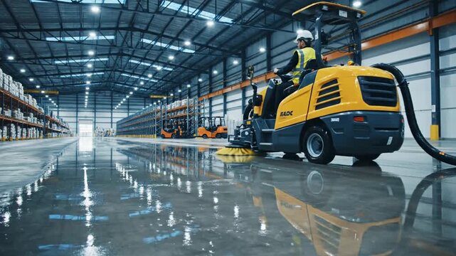 Professional Warehouse Cleaning with a Powerful Floor Scrubber Machine in a Modern Industrial Building