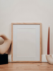 Mockup Poster With Textured Background, Clean Background With Artistic Accessory On Rectangular Stage