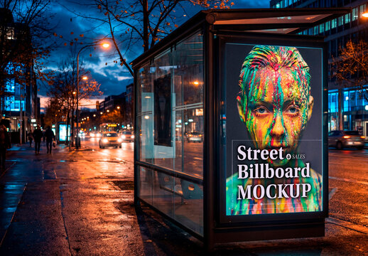 Bus stop poster evening traffic