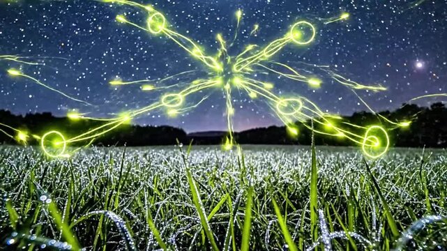 Glowing firefly trails looping in dark summer meadow.