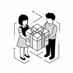 Couple Exchanging Large Gift Box Isometric Line Art