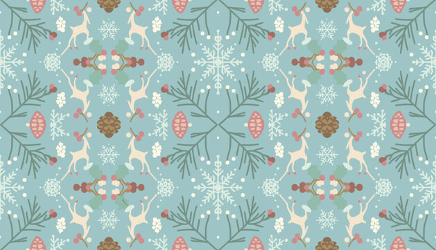 Cozy winter holiday pattern reindeer snowflakes pine cones and berries on pastel blue