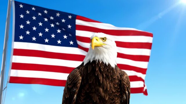 A majestic bald eagle with US flag, against a blue sky background