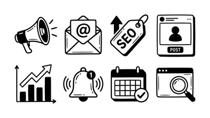 Hand drawn vector doodle set of online marketing tools. Illustrations of megaphone, email, SEO tag, social media post, analytics graph, and search browser. sketch for internet business promotion