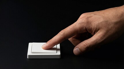 Hand pressing a white switch on a black background  