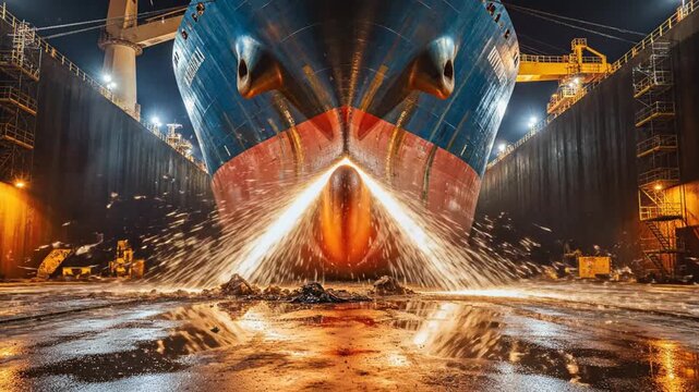 Fiery sparks illuminate a massive cargo ship's bow during industrial maintenance and repair in a shipyard dry dock at night