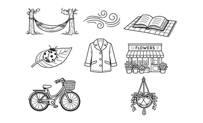 Naklejka premium Collection of hand-drawn icons representing outdoor activities and nature elements
