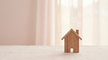 Small wooden house with white heart outlines floating above on a soft pink background with blurred curtains